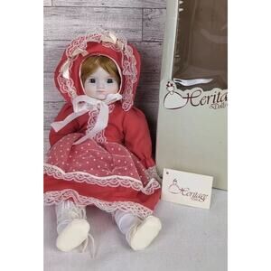 Vintage Heritage Musical Porcelain Doll 14" Red Hair Coral Dress & Bonnet